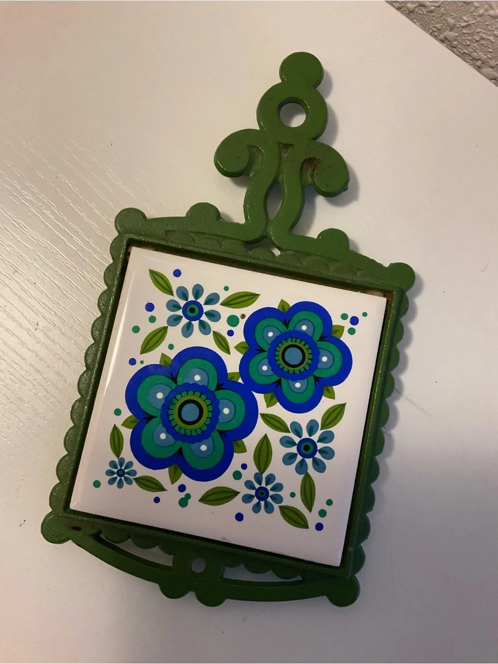 Set of 3 Vintage Japan Cast Iron Tile Trivet Wall Hanging Daisies Pansy MCM